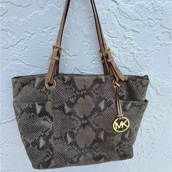 Michael Kors Womens Python Jet Exotic Travel Shoulder Bag Beige Size 15"x10" - Picture 11 of 12